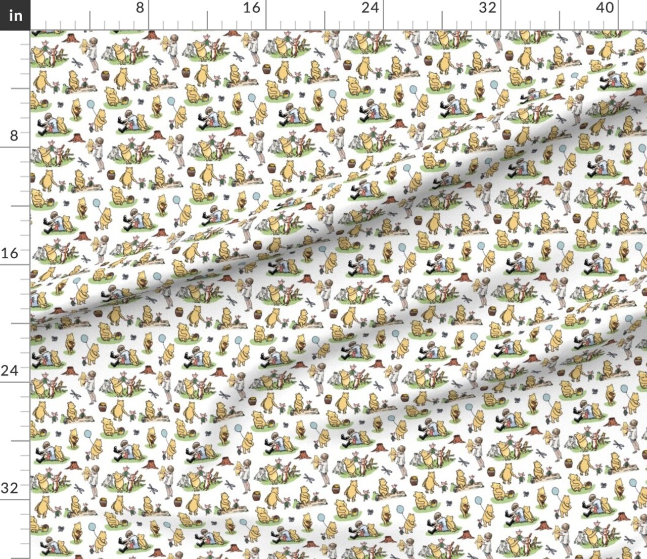 Pooh Bear Classic Pooh Illustration Balloon Honey Piglet Winnie The Eeyore Christopher Robin White Green Yellow Custom Printed Fabric by Spoonflower Various Fabrics by the Yard or Fat Quarter